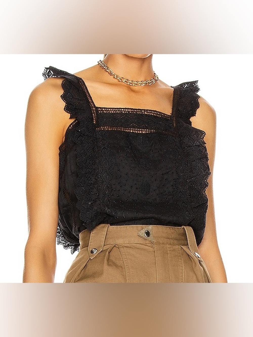 FRAME Katie Eyelet Lace Ruffle Ramie Top Black Small